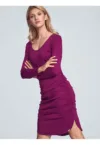 Rochie midi  fuchsia - cu maneci lungi - decolteu semitransparent - pliuri si crapaturi laterale - poliester viscoza