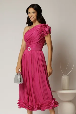 Rochie midi fucsia coniac din voal peliculizat cu volanase pe fusta