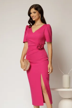 Rochie midi fucsia conica cu decolteu V si floare in talie