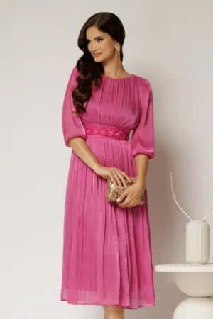 Rochie midi fucsia de ocazie din voal peliculizat cu cordon detasabil