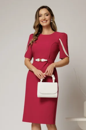 Rochie midi fucsia din stofa cu croi conic si detalii ivory la maneci