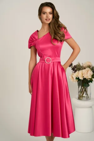 Rochie midi fucsia din tafta subtire in clos cu cordon in talie- LaDonna