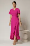 Rochie midi fucsia din triplu voal cu croi petrecut