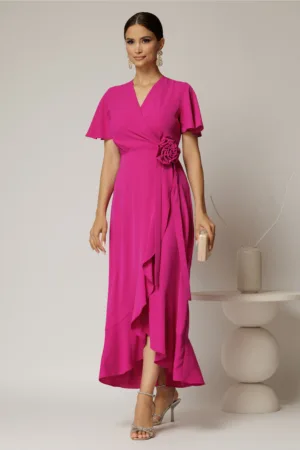 Rochie midi fucsia din triplu voal cu croi petrecut