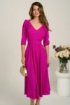 Rochie midi fucsia din triplu voal in clos cu cordon in talie