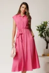 Rochie midi fucsia din viscoza cu nasturi si cordon