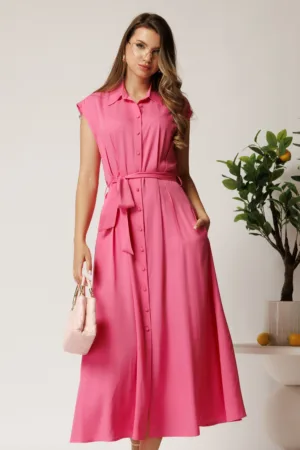 Rochie midi fucsia din viscoza cu nasturi si cordon