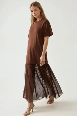 Rochie midi -  fusta din tul - confortabila - maro - jerseu