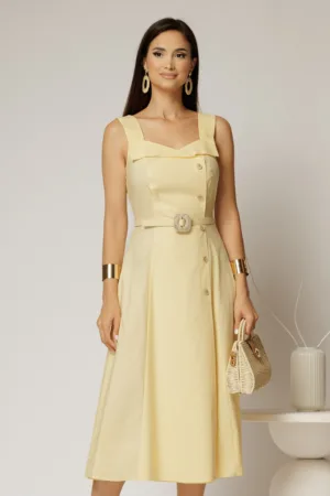 Rochie midi gabena din poplin cu nasturi si curea in talie