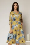 Rochie midi galben mustar cu imprimeu floral bleu