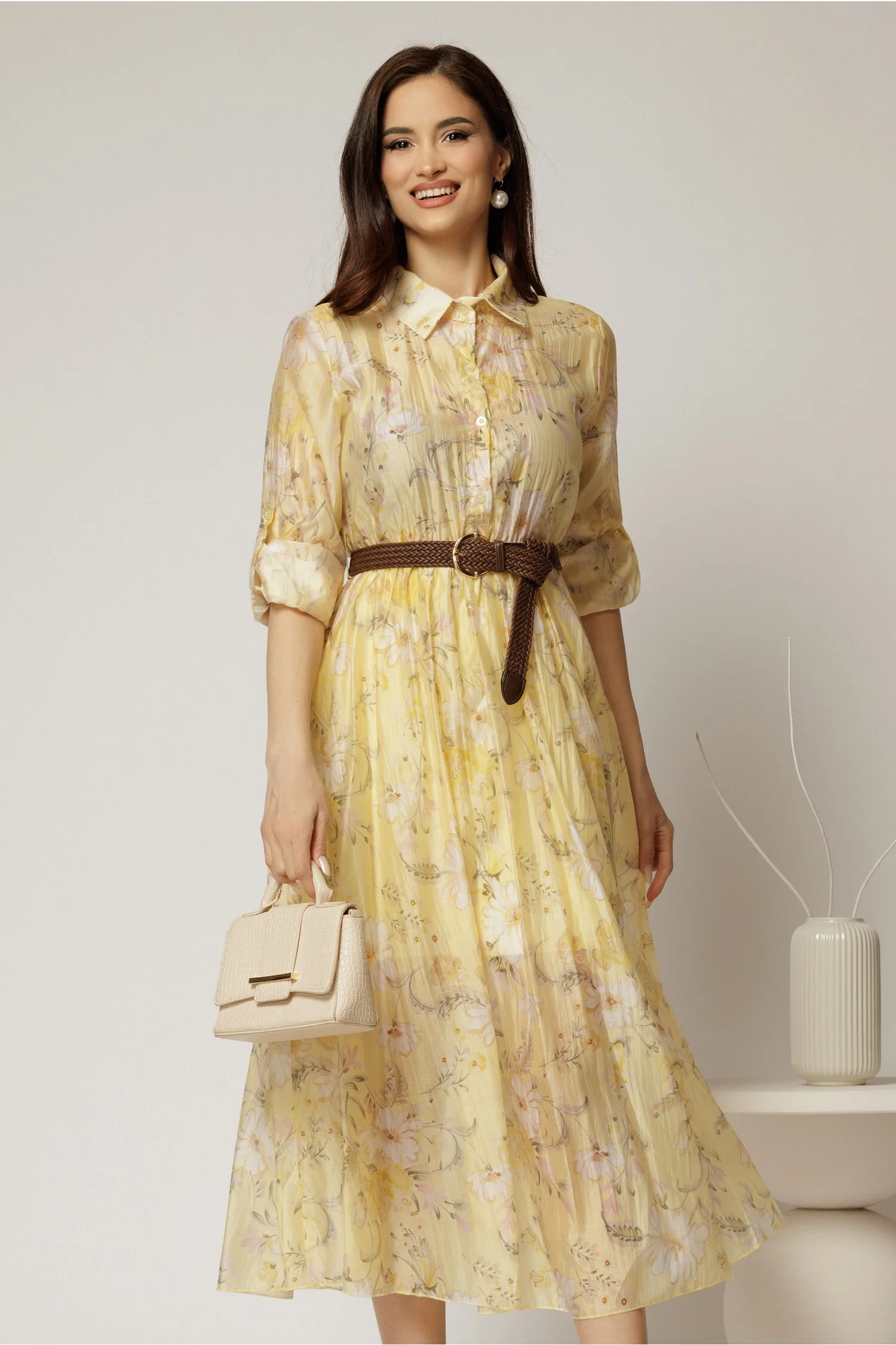 Rochie midi galbena cu imprimeuri din tencel