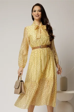 Rochie midi galbena din tencel cu buline si funda la decolteu
