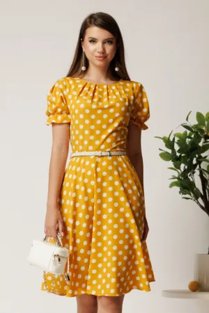 Rochie midi galbena din viscoza in clos cu buline si curea in talie