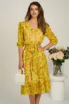 Rochie midi galbena din voal in clos cu imprimeu si cordon in talie