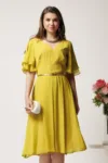 Rochie midi galbena din voal in clos cu volane la maneci si curea in talie