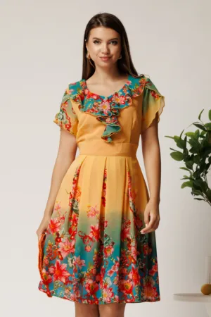 Rochie midi galbena si turcoaz in degradee din voal in clos cu imprimeu floral roz