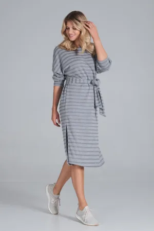 Rochie midi gri cu dungi - maneci lungi - poliester -