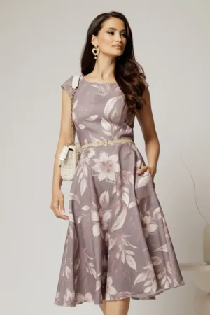 Rochie midi gri cu flori bej in clos cu buzunare si curea in talie