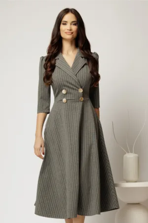 Rochie midi gri cu glitter cu bustul petrecut si nasturi decorativi