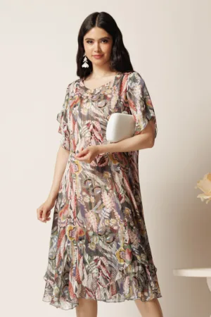 Rochie midi gri din voal in clin cu imprimeu floral roz si volane la baza