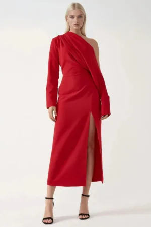 Rochie midi -  guler asimetric - crapatura - rosu