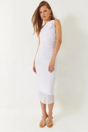 Rochie midi -  guler asimetric - funda - alb - tul