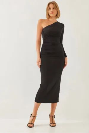 Rochie midi -  guler asimetric - volane - negru - poliester-lycra