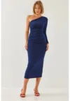 Rochie midi  guler asimetric - volane - poliester-lycra