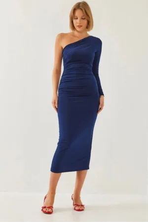 Rochie midi  guler asimetric - volane - poliester-lycra