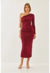 Rochie midi -  guler asimetric - volane - rosu - poliester-lycra