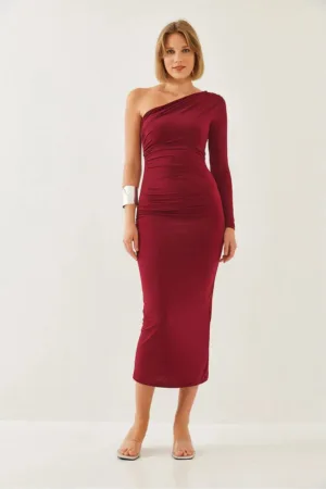 Rochie midi -  guler asimetric - volane - rosu - poliester-lycra