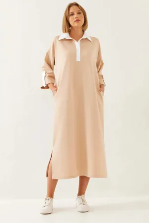 Rochie midi  guler camasa - bej