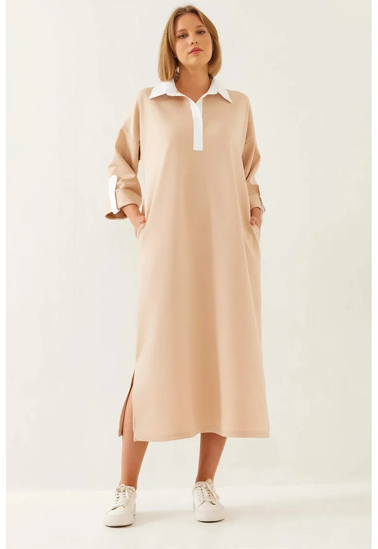 Rochie midi guler camasa - bej