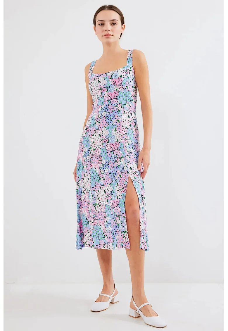 Rochie midi guler patrat - crapatura eleganta - albastra - viscoza