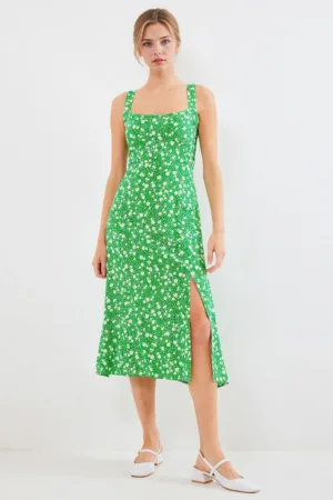 Rochie midi HiCCUP - guler patrat - crapatura eleganta - verde - viscoza