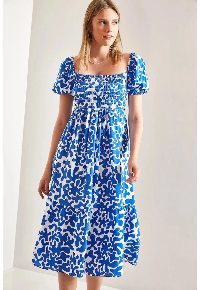 Rochie midi - guler patrat - smocked - albastru - textil