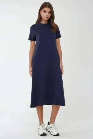 Rochie midi  guler rotund - maneca scurta - bleumarin - jerseu