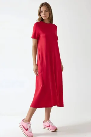 Rochie midi  guler rotund - maneca scurta - rosu - jerseu