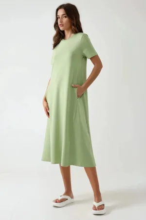 Rochie midi  guler rotund - maneca scurta - verde - jerseu