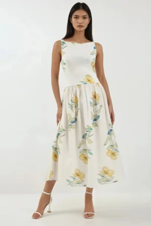 Rochie midi -  imprimeu - decolteu barca - alb - textil