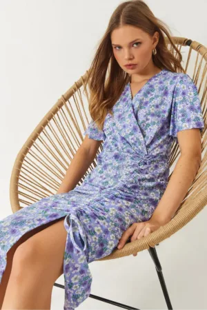 Rochie midi -  imprimeu floral - decolteu in V - violet - poliester-elastan