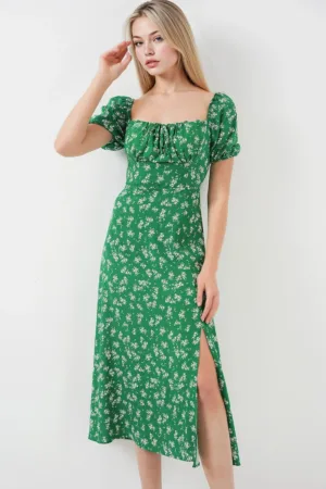 Rochie midi  imprimeu floral - funda - verde - viscoza