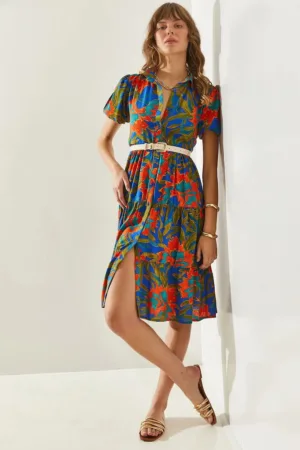 Rochie midi -  imprimeu floral - guler camasa - volane - multicolor - poliester