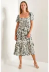 Rochie midi -  imprimeu floral - guler patrat - gri - viscoza