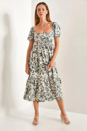 Rochie midi -  imprimeu floral - guler patrat - gri - viscoza