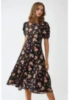 Rochie midi -  imprimeu floral - guler rotund - multicolor - jerseu