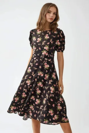 Rochie midi -  imprimeu floral - guler rotund - multicolor - jerseu