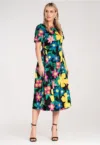 Rochie midi  imprimeu floral intens - material textil usor - cu legaturi laterale -