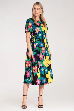 Rochie midi imprimeu floral intens - material textil usor - cu legaturi laterale -