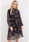 Rochie midi -  imprimeu floral - negru - poliester